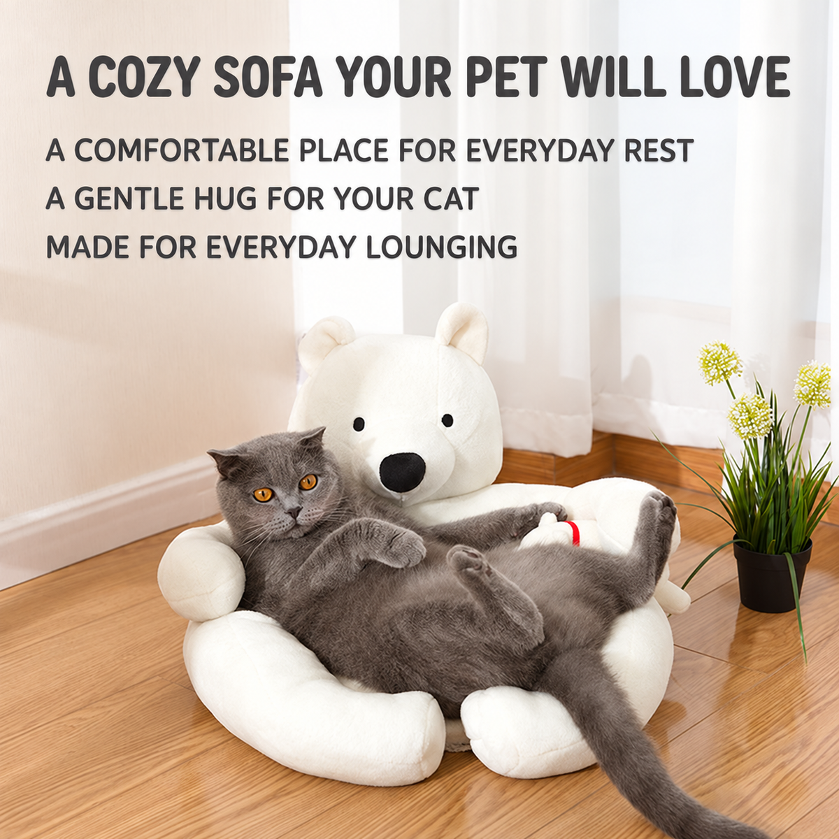 White polar bear pet sofa lifestyle with gray cat for everyday lounging