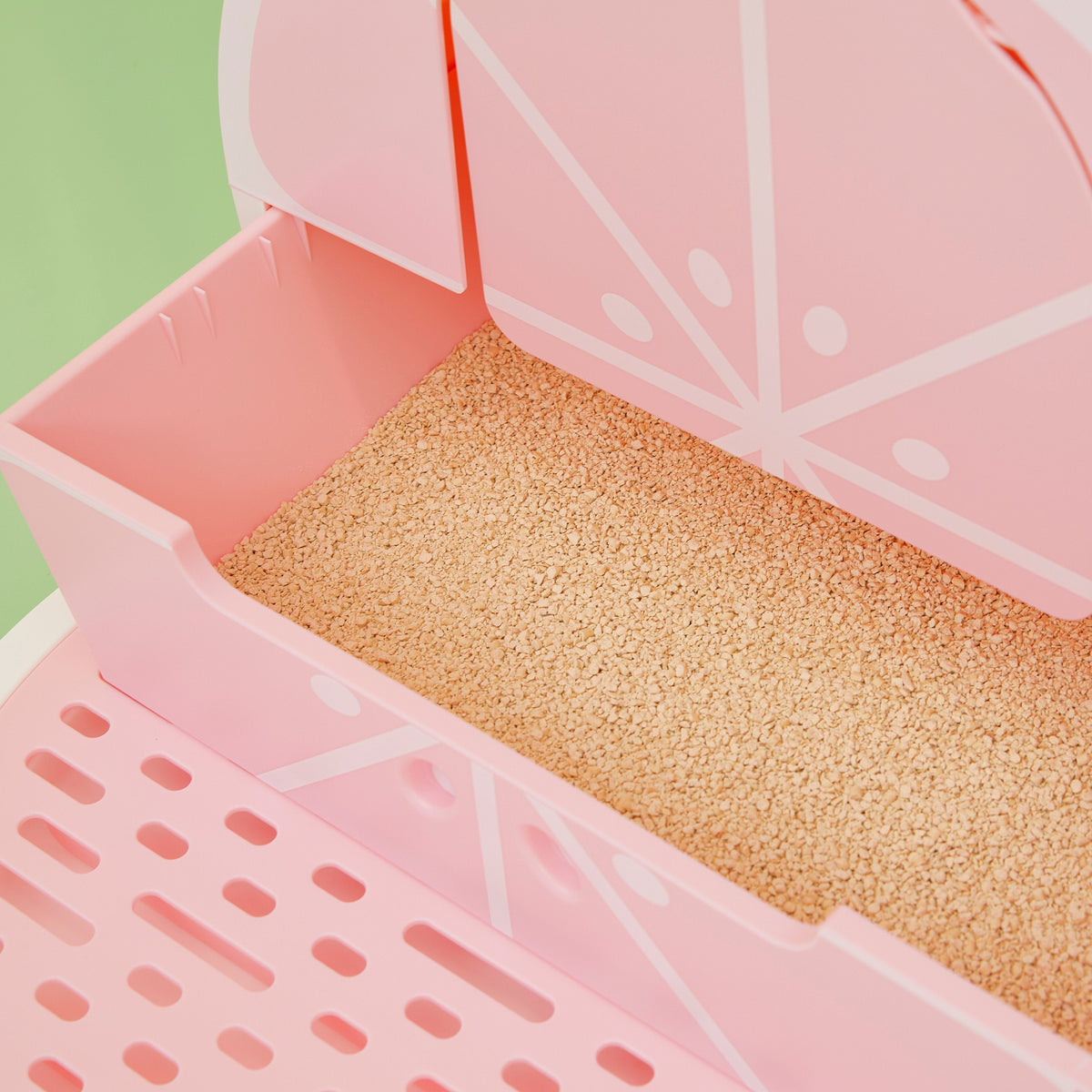 VETRESKA Fruity Kitty Kove Litter Box - Grapefruit design pull-out litter drawer detail [Gallery: Grapefruit]