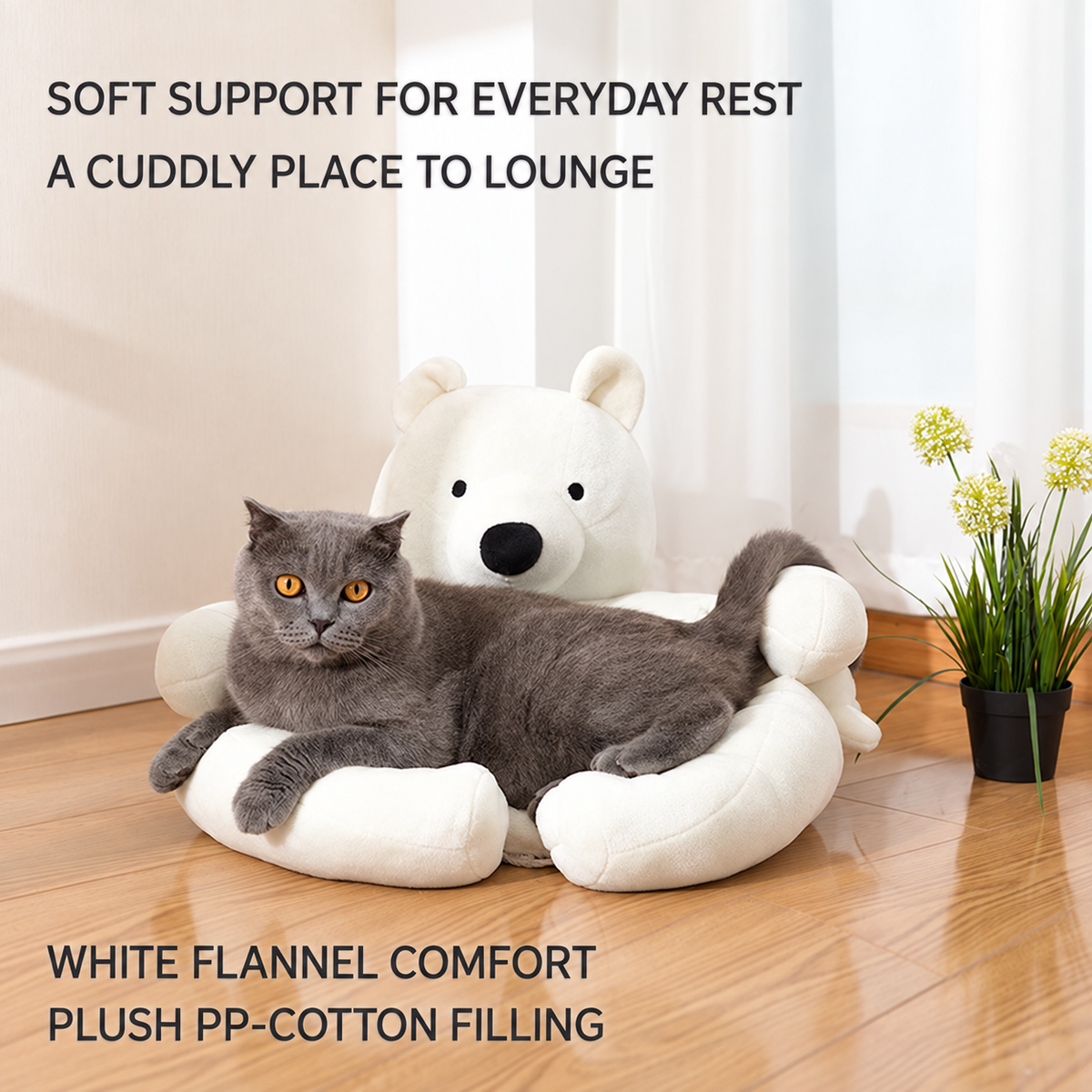 White polar bear pet sofa lifestyle showing soft flannel and PP-cotton comfort