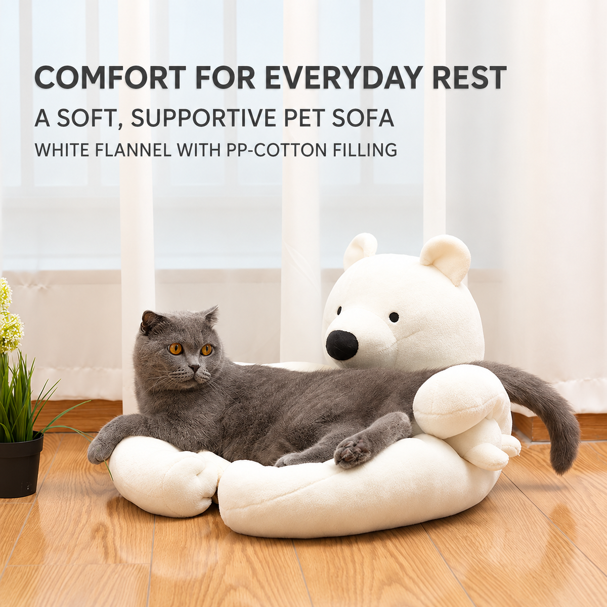 White polar bear pet sofa lifestyle with gray cat and rounded armrests