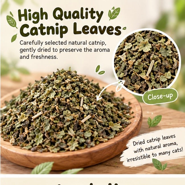 Close-up of dried catnip leaves in a wooden dish with a jar
