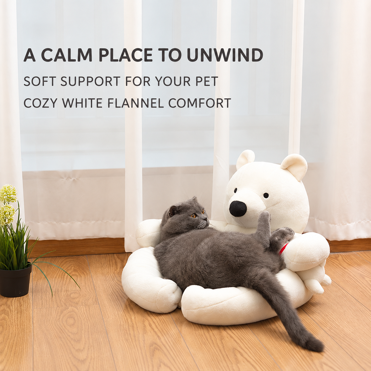 White polar bear pet sofa lifestyle with gray cat relaxing beside the bear backrest