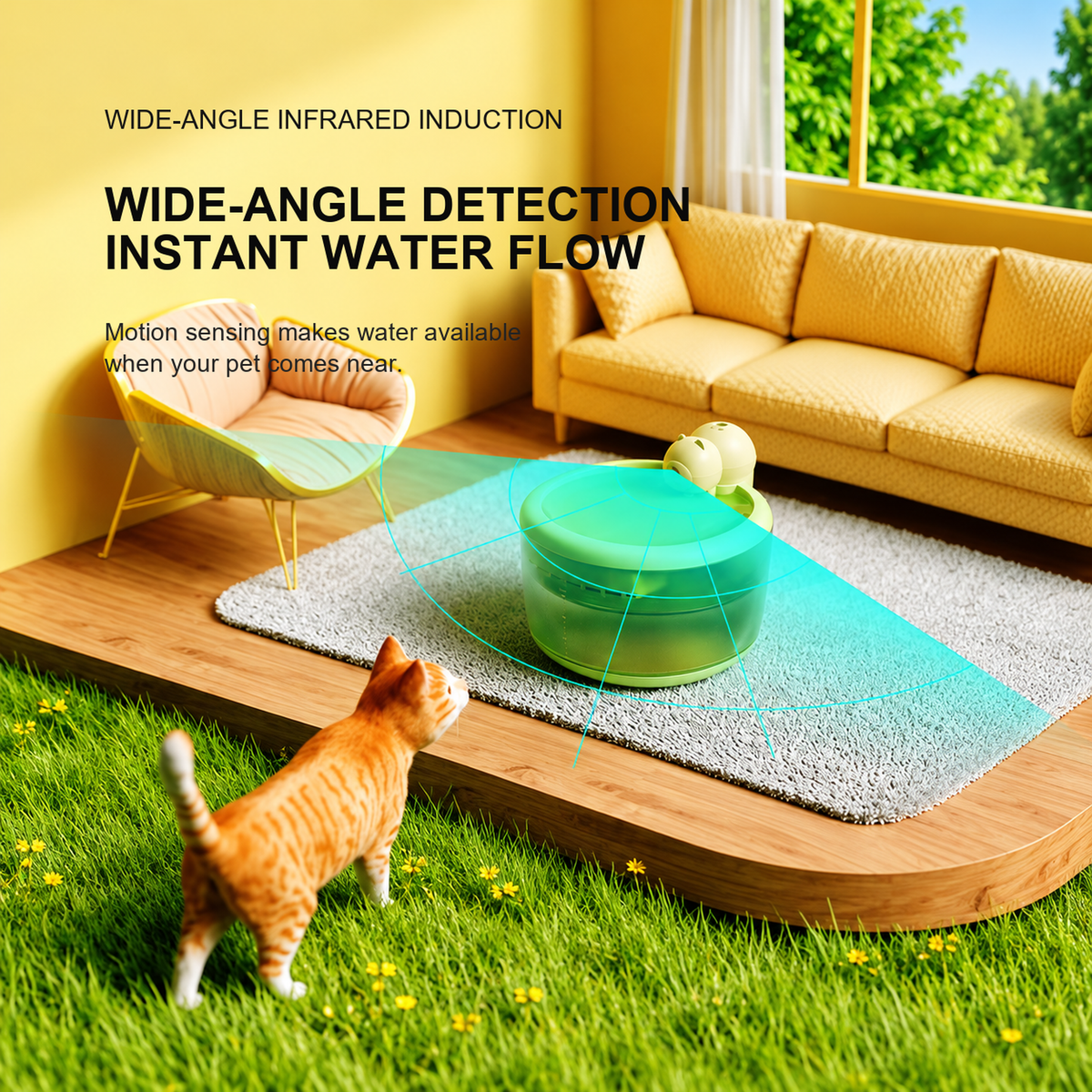 AIWO wireless pet water fountain | wide-angle infrared induction | English detail graphic
