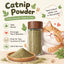 Catnip powder in a glass jar with a cat and a small serving dish