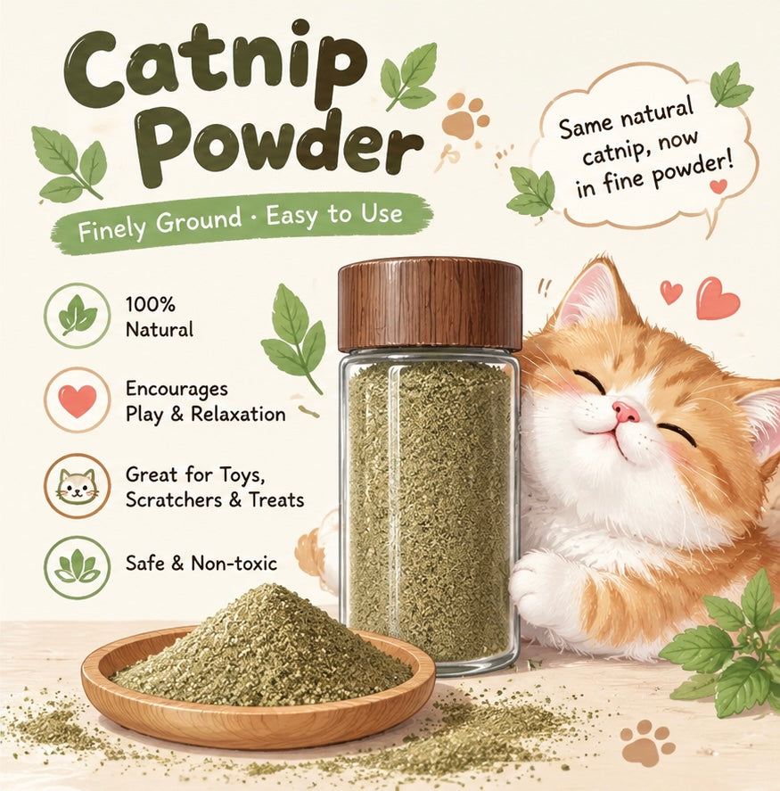 Catnip powder in a glass jar with a cat and a small serving dish