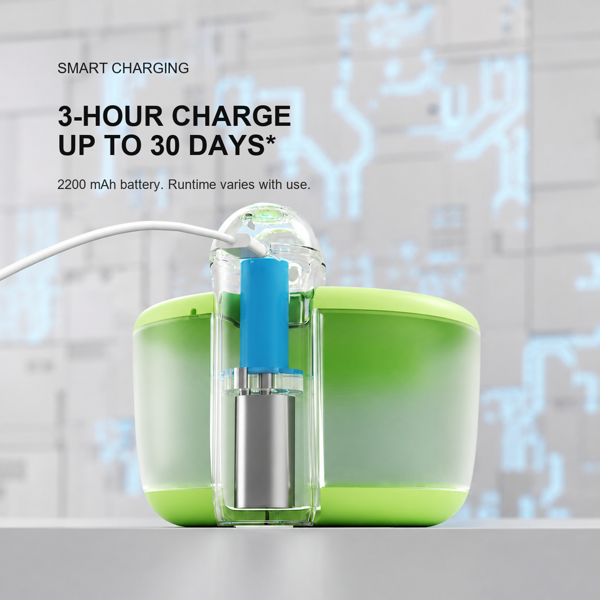 AIWO wireless pet water fountain | 3-hour charge and runtime | English detail graphic