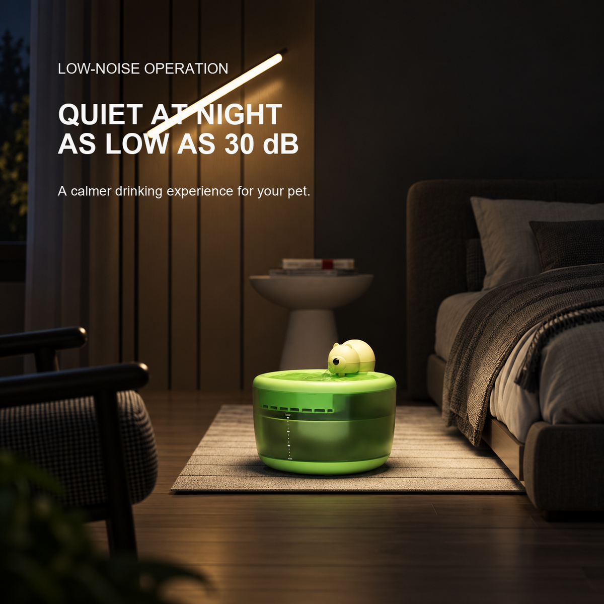 AIWO wireless pet water fountain | low-noise operation | English detail graphic