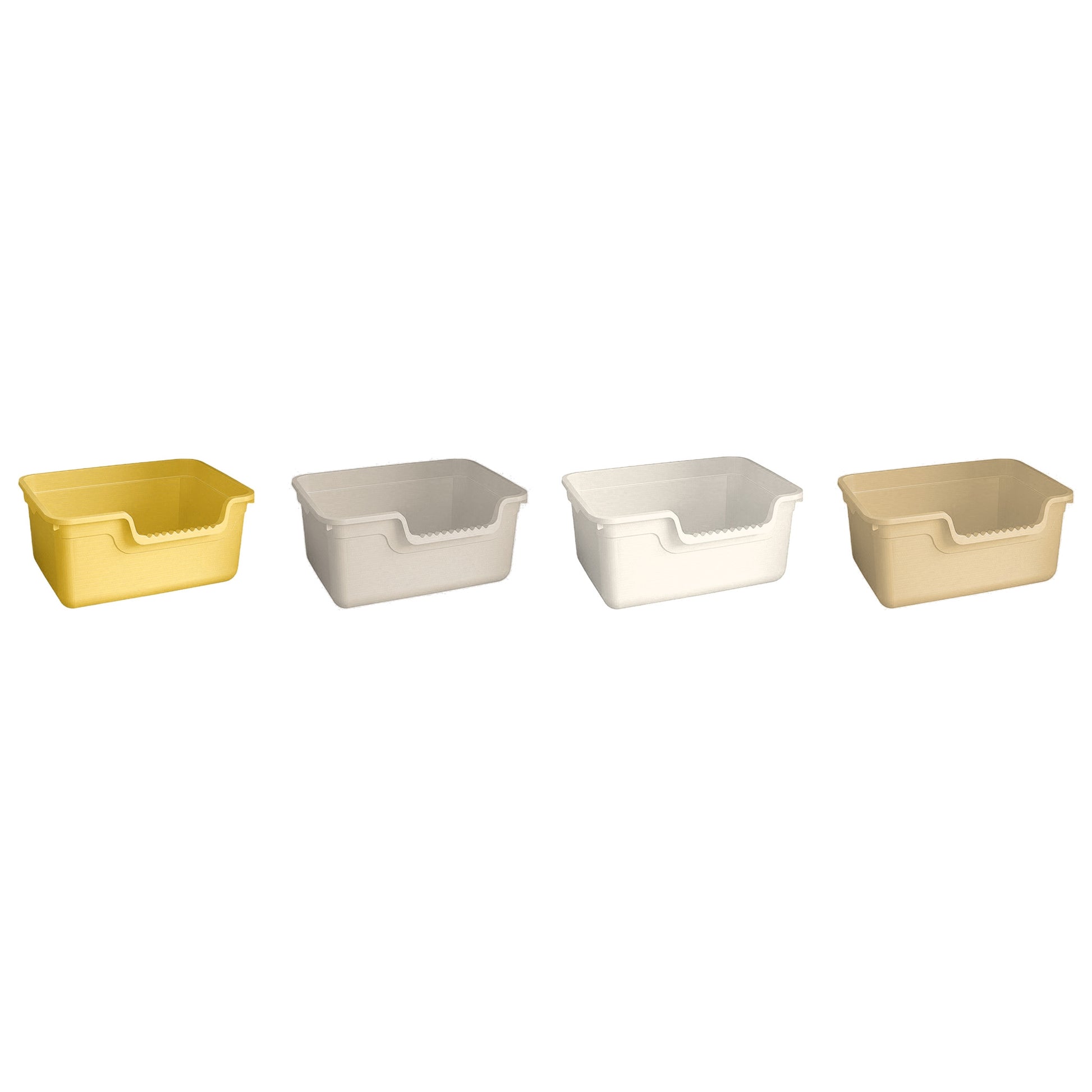 Four Large 48.5 cm open anti-splash cat litter boxes in Lemon Yellow, Air Gray, Ivory White, and Khaki on a white background [Gallery: Shared]