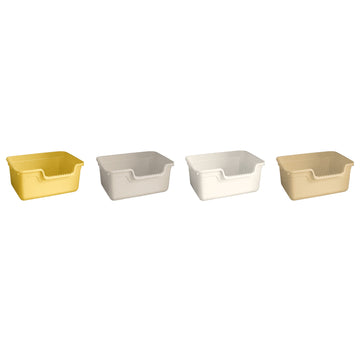 Four Large 48.5 cm open anti-splash cat litter boxes in Lemon Yellow, Air Gray, Ivory White, and Khaki on a white background [Gallery: Shared]
