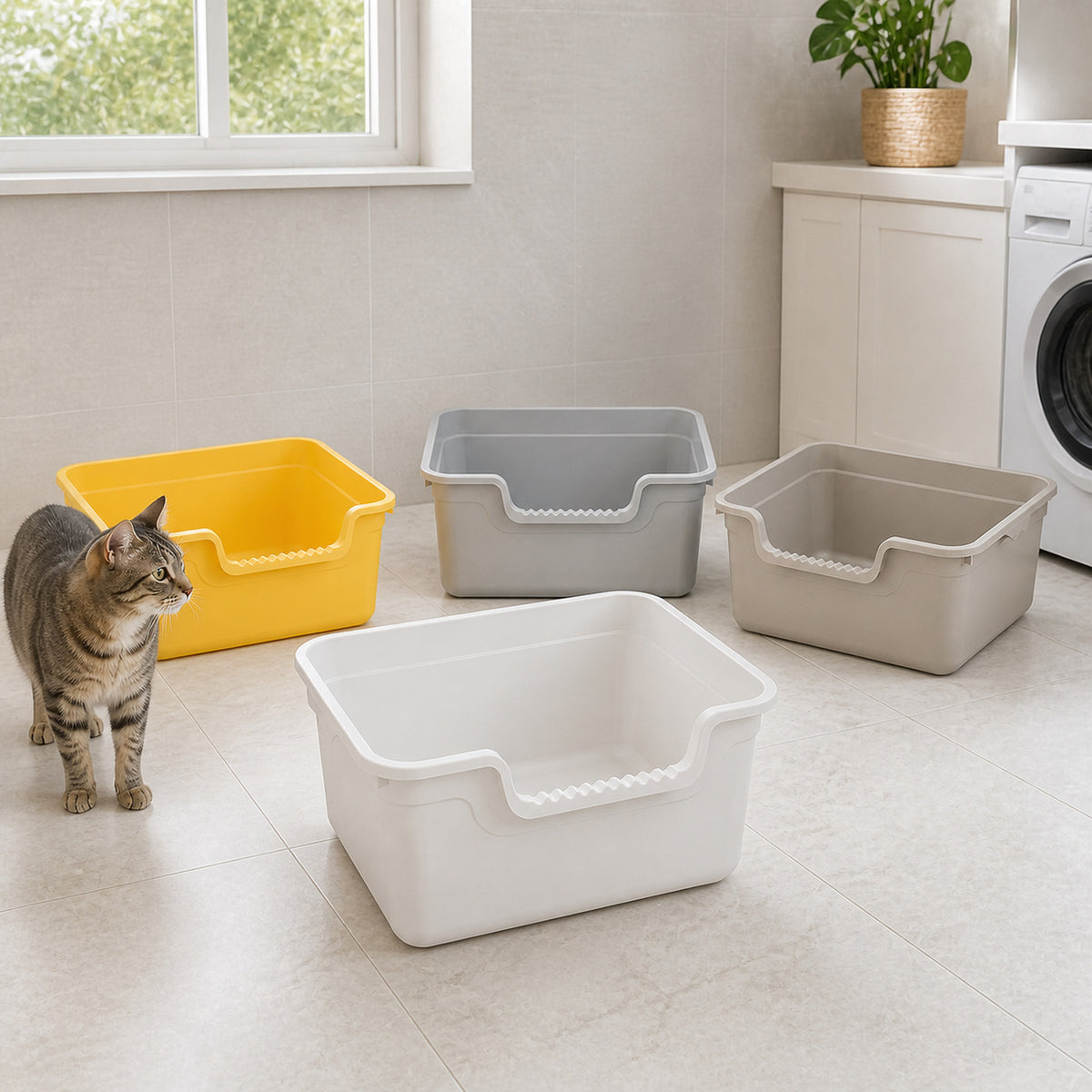 Four Large 48.5 cm open cat litter boxes in Lemon Yellow, Air Gray, Ivory White, and Khaki shown in a bright home utility room [Gallery: Shared]