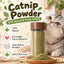 Catnip powder jar with fine ground catnip and a curious cat