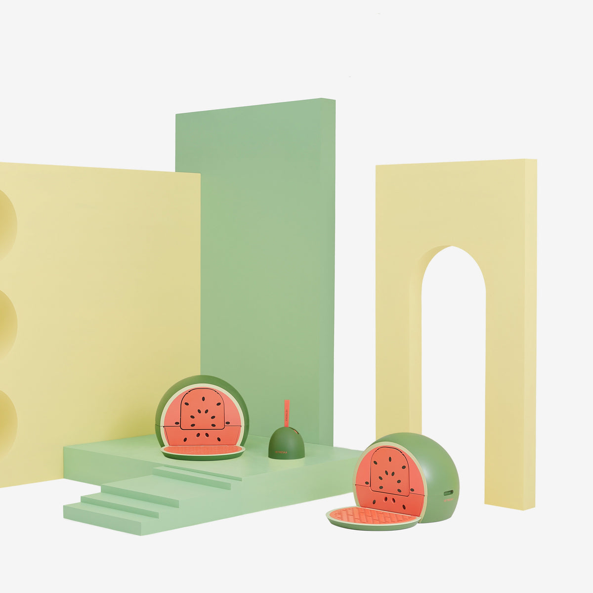 VETRESKA Fruity Kitty Kove Litter Box - Watermelon design lifestyle view in a colorful cat space [Gallery: Watermelon]