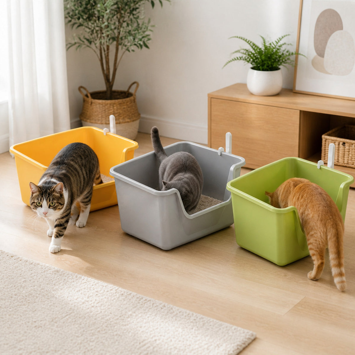 Cream yellow, minimalist gray, and forest green 50 cm anti-splash cat litter boxes shown in shared home use [Gallery: Shared]