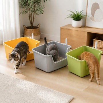 Cream yellow, minimalist gray, and forest green 50 cm anti-splash cat litter boxes shown in shared home use [Gallery: Shared]
