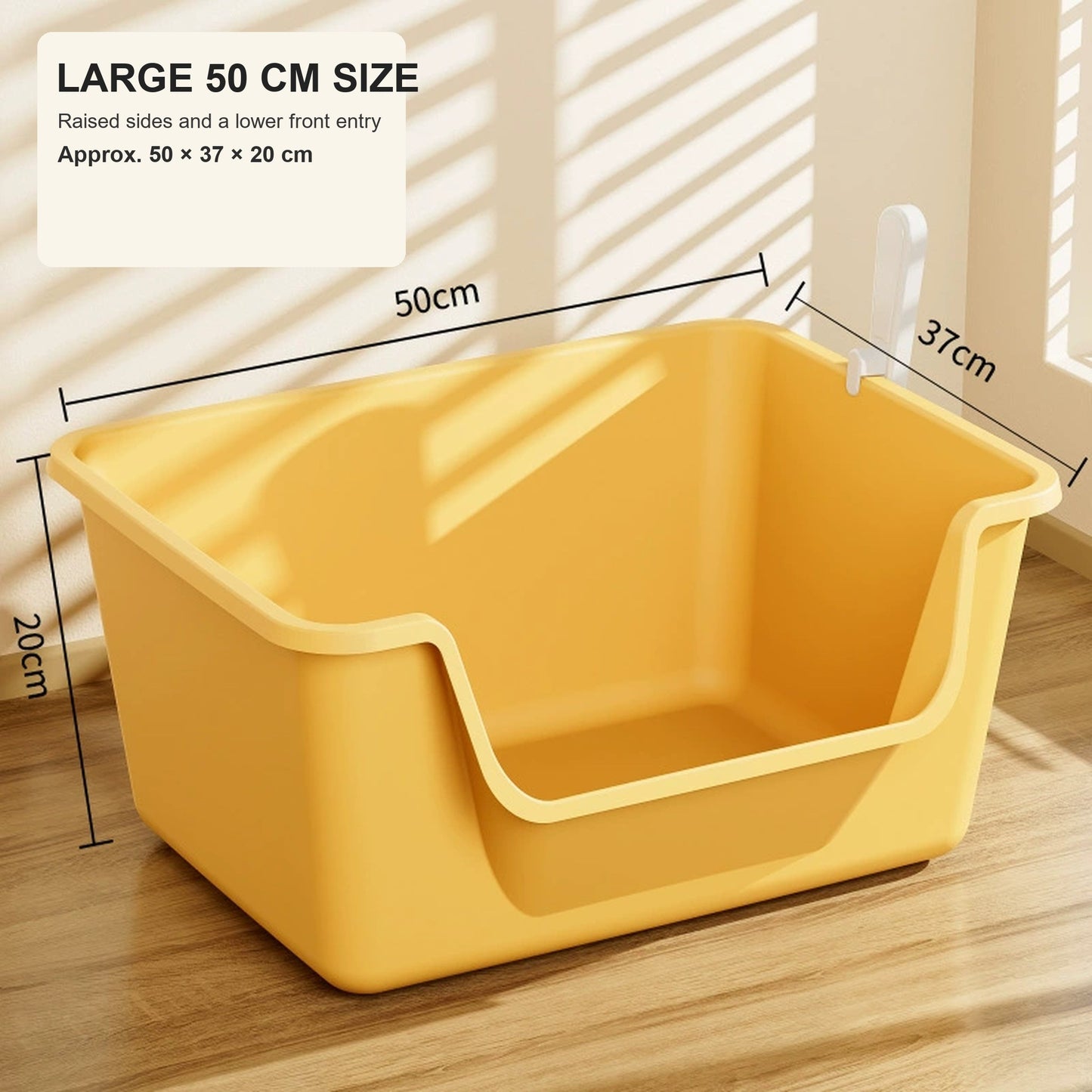50 cm cat litter box with raised sides, lower front entry, and approximate dimensions [Gallery: Shared]