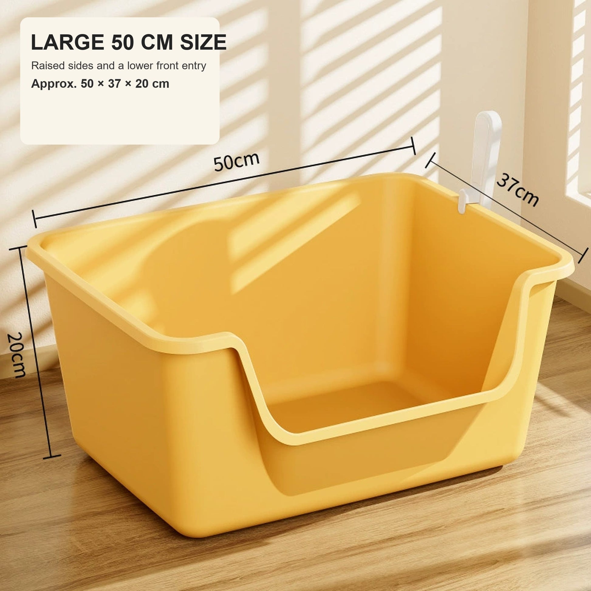 50 cm cat litter box with raised sides, lower front entry, and approximate dimensions [Gallery: Shared]
