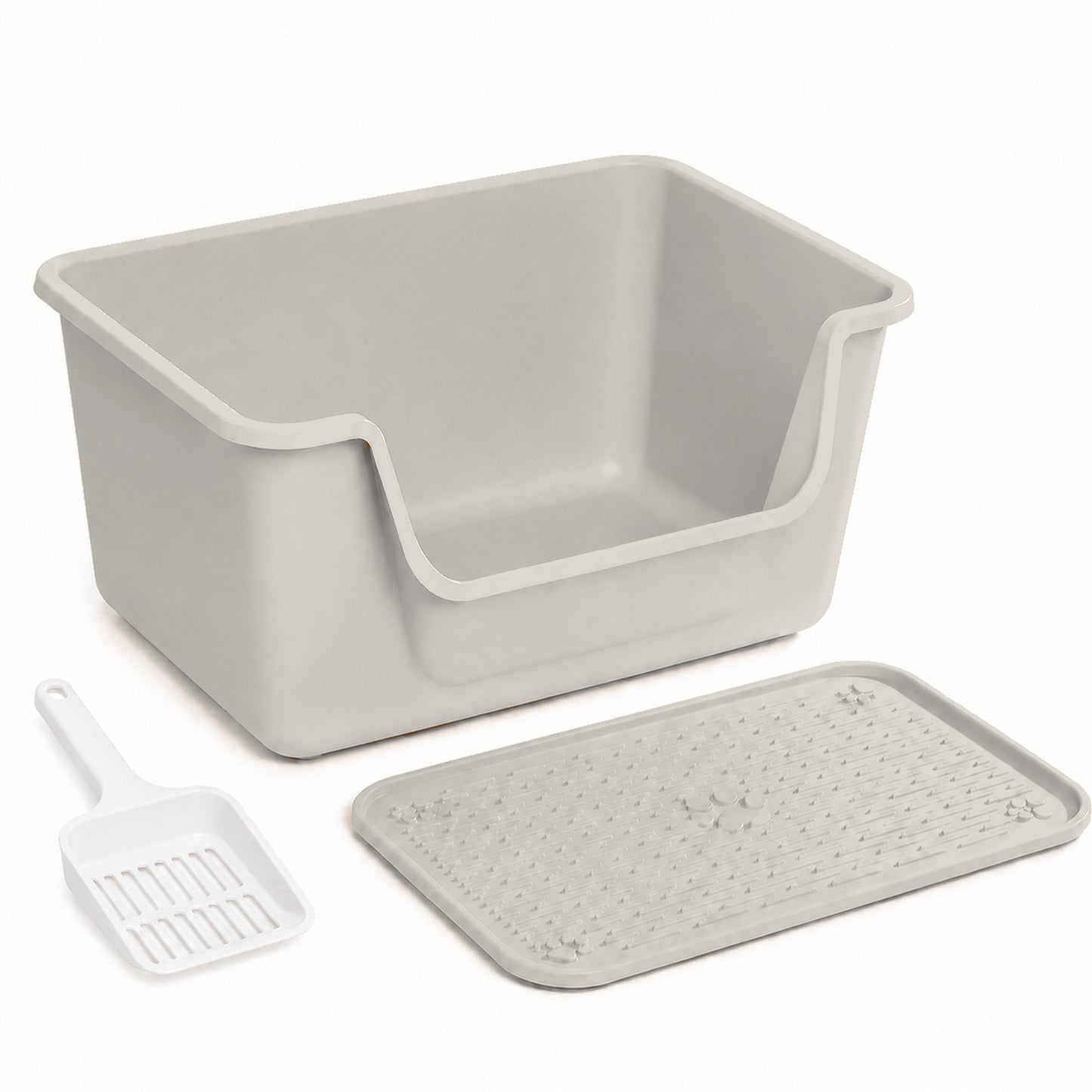 Minimalist gray 50 cm cat litter box with matching mat and one white scoop [Gallery: Minimalist Gray]