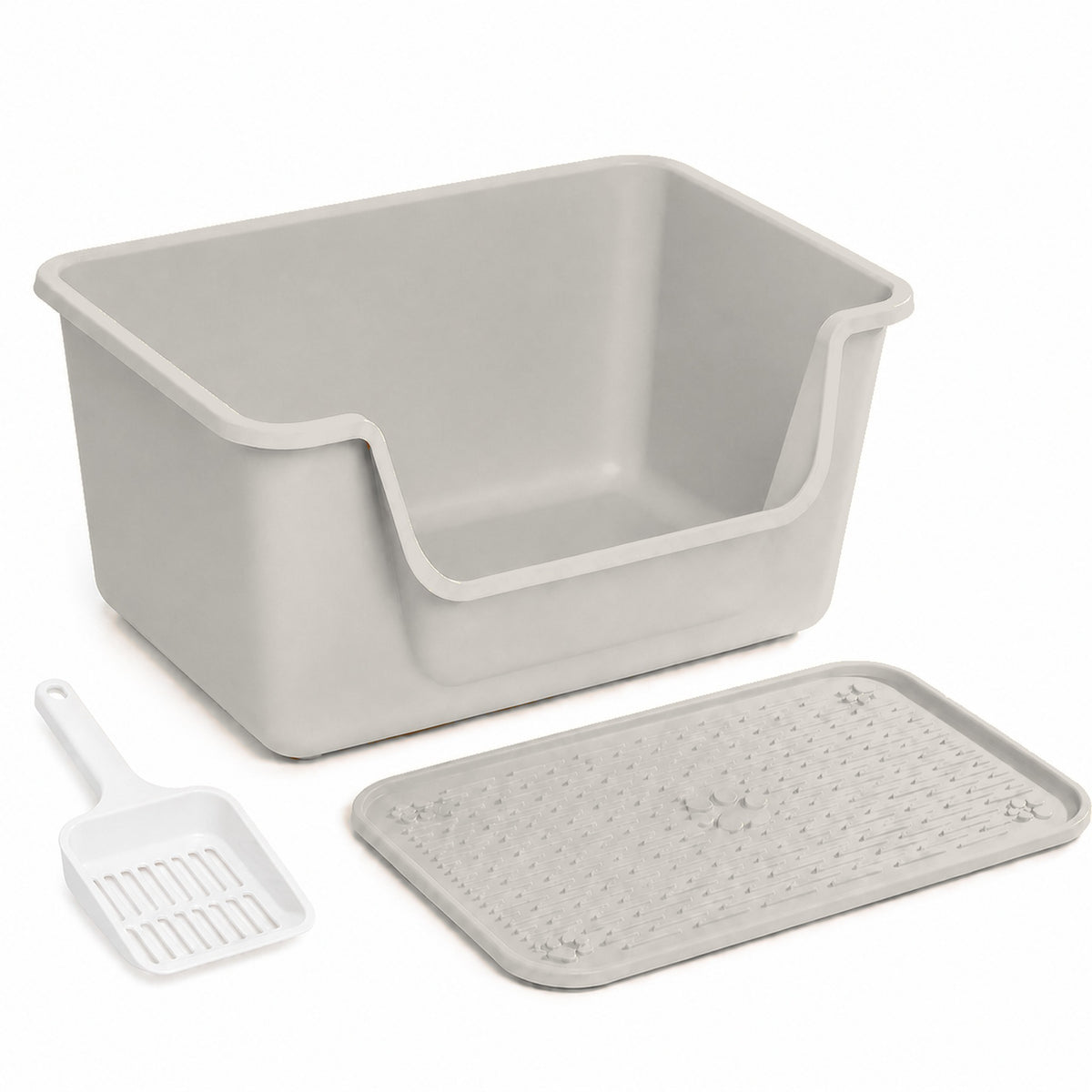 Minimalist gray 50 cm cat litter box with matching mat and one white scoop [Gallery: Minimalist Gray]