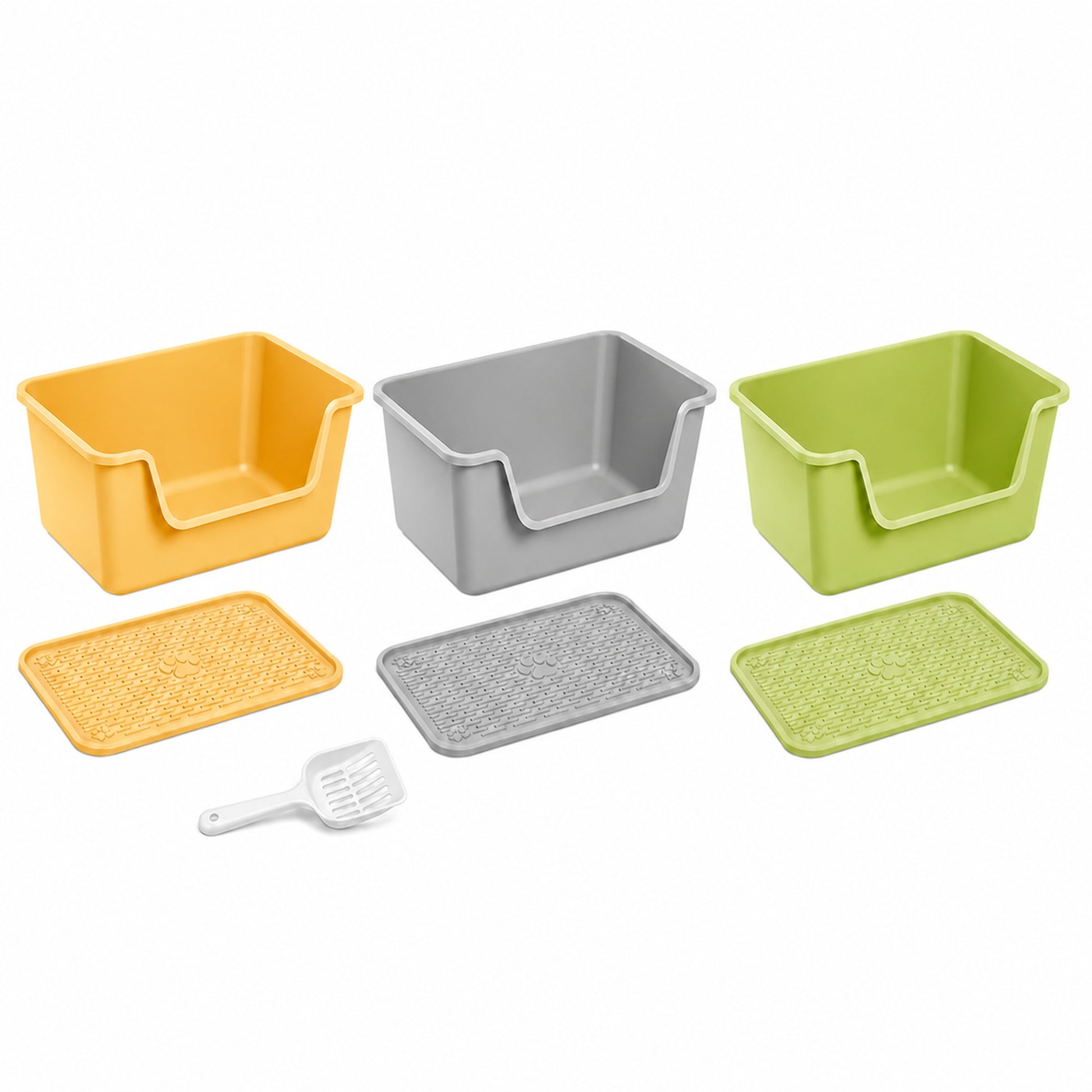 Three 50 cm anti-splash cat litter box sets with mats and one white scoop in cream yellow, gray, and green [Gallery: Shared]