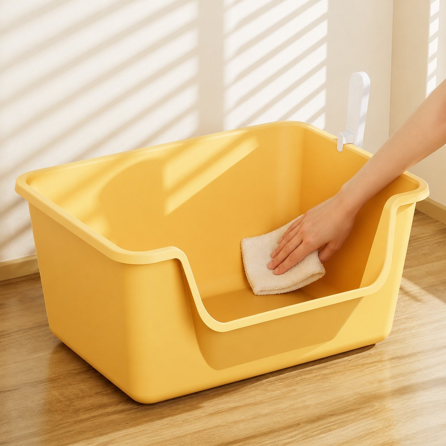 Cream yellow 50 cm anti-splash cat litter box with a smooth interior being wiped clean [Gallery: Shared]
