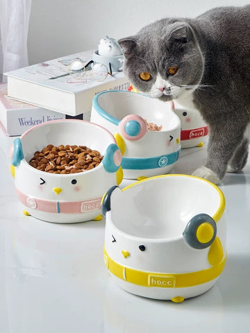 HOCC Hip-Hop Penguin ceramic pet bowl with cat
