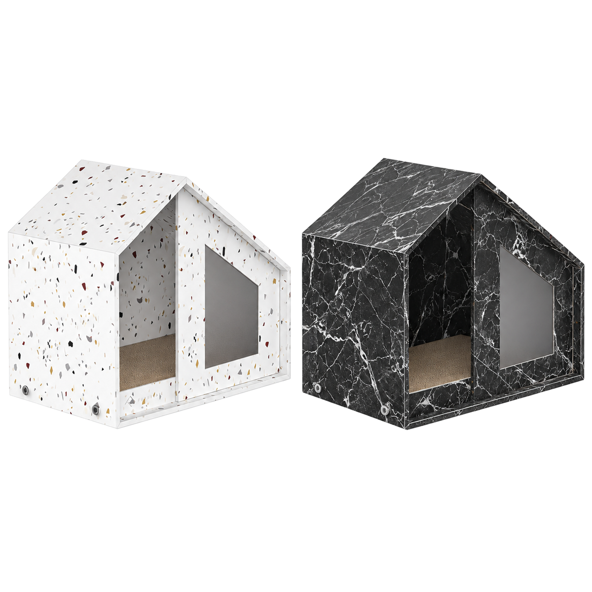 REPAIRED HERO V13 | Furrytail Little House Cat Scratcher | Product size 48.5 x 29 x 38.5 cm reflected | User-approved front three-quarter product image with White and Black units at the same physical scale | Original center construction and middle non-fully-transparent plastic panel preserved exactly as supplied | Multi-variant pure-white SKU main image | 2048x2048 [Gallery: Hero]