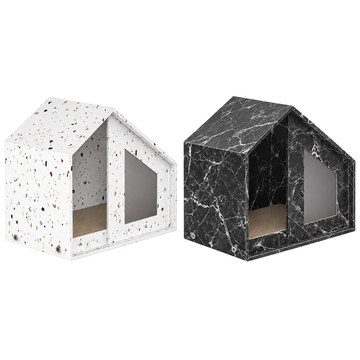 REPAIRED HERO V13 | Furrytail Little House Cat Scratcher | Product size 48.5 x 29 x 38.5 cm reflected | User-approved front three-quarter product image with White and Black units at the same physical scale | Original center construction and middle non-fully-transparent plastic panel preserved exactly as supplied | Multi-variant pure-white SKU main image | 2048x2048 [Gallery: Hero]