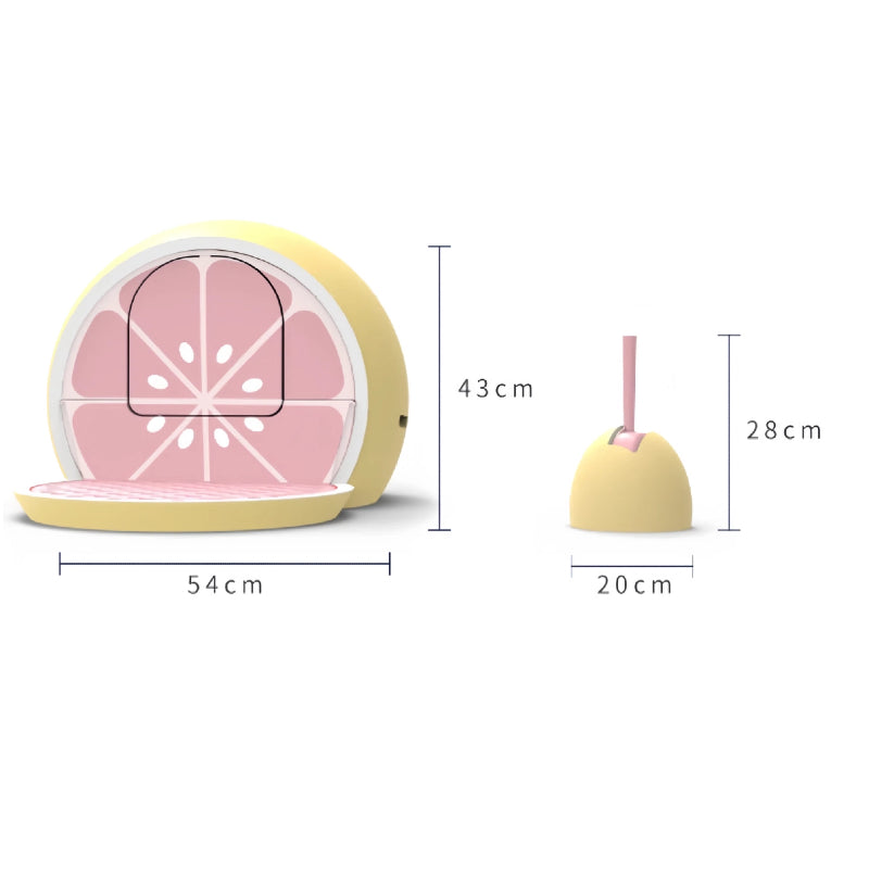VETRESKA Fruity Kitty Kove Litter Box - Grapefruit design dimensions and scoop-set detail [Gallery: Grapefruit]