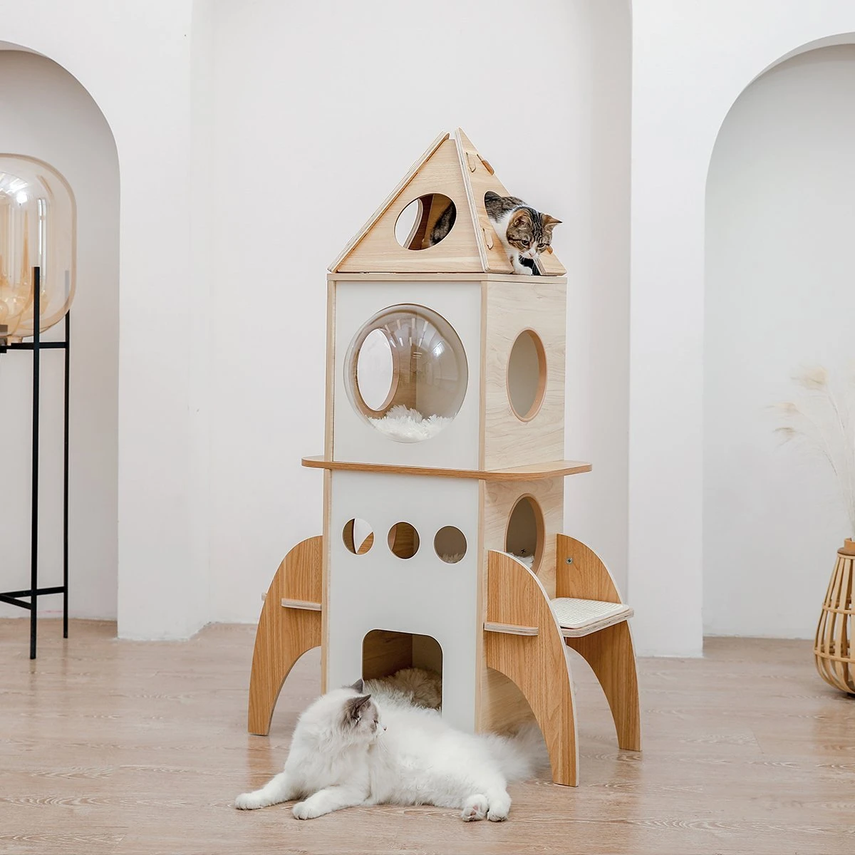PAWZ Road Cat Tree Rocket, Wood Cat Tower Multilevel for Indoor Cats, Cat Furniture [54"=138 CM] with 3 Condos, Dangling Balls, Cosy Perch