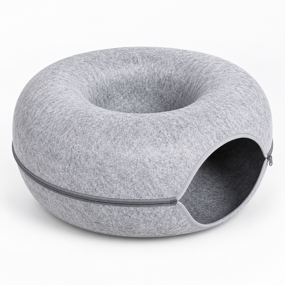 Donut felt cat tunnel bed light grey Grey L variant white background