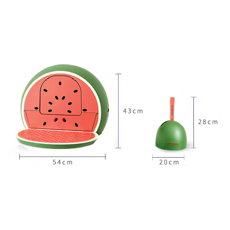 VETRESKA Fruity Kitty Kove Litter Box - Watermelon design dimensions and scoop-set detail [Gallery: Watermelon]