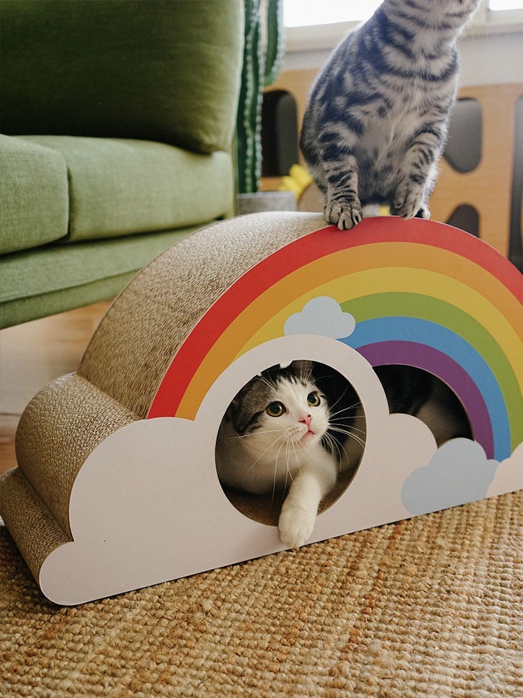 Rainbow Cat Scratcher Cardboard 2-in-1 Multifunctional Cat Scratcher Lounge Bed Cat Scratching Pad for Indoor Cats as Furniture Protector Cat Training Toy