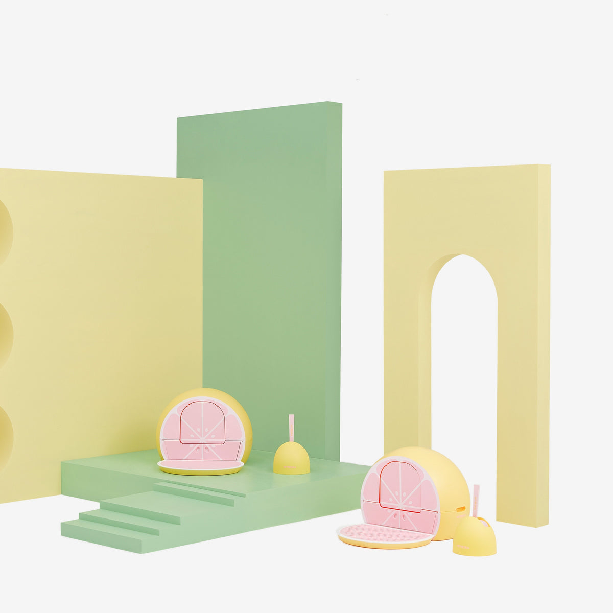 VETRESKA Fruity Kitty Kove Litter Box - Grapefruit design lifestyle view in a playful cat space [Gallery: Grapefruit]