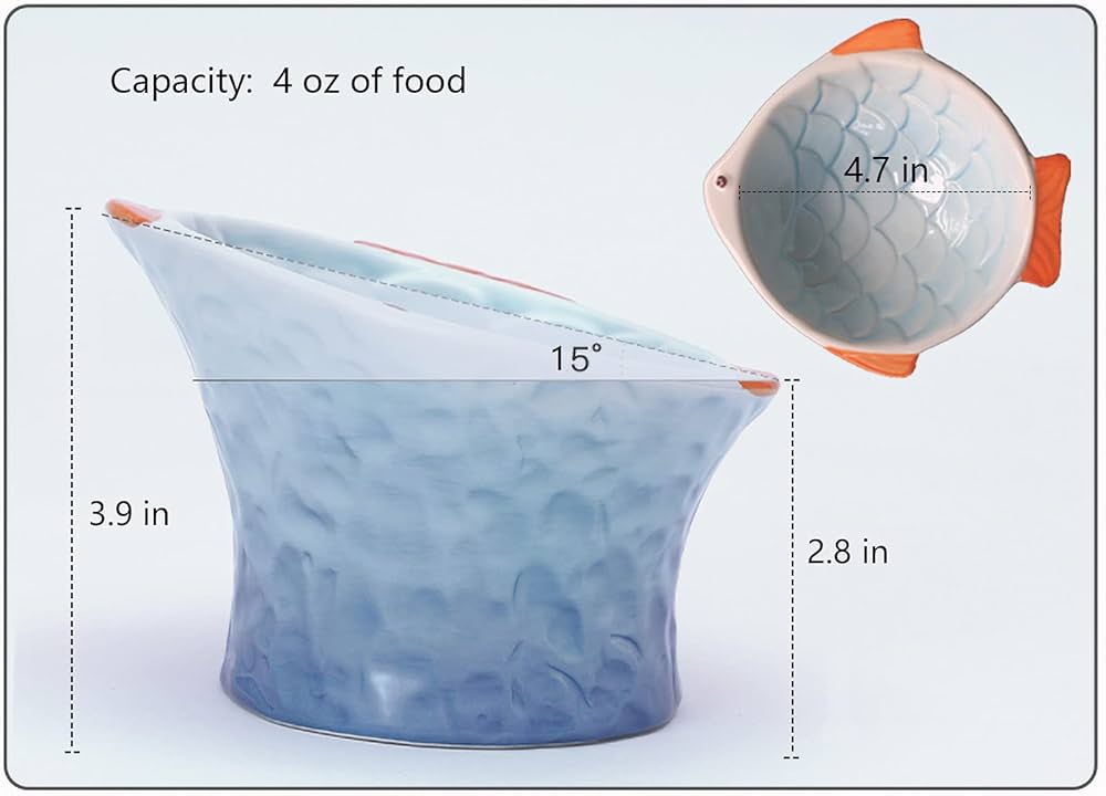 Raised Tilted Ceramic Cat Bowl - Cute Elevated Slanted Shallow Angled Cat Dish - Personalized Pet Feeder for Food Feeding - Ergonomic Anti Vomiting Whisker Fatigue - Size for Cat and Small Dog