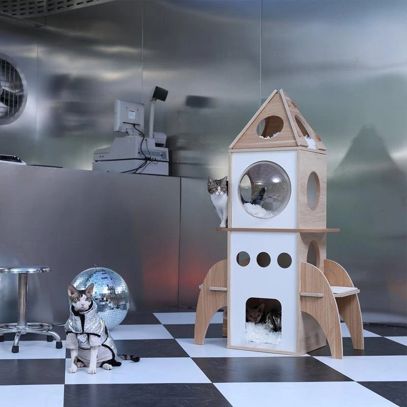 PAWZ Road Cat Tree Rocket, Wood Cat Tower Multilevel for Indoor Cats, Cat Furniture [54"=138 CM] with 3 Condos, Dangling Balls, Cosy Perch