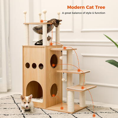 PAWZ Road 51" Extra Tall Sky-Castle Design Wooden Modern Luxury Cat Tree