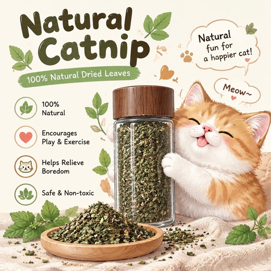 Dried catnip leaves in a jar with a cat and a small serving dish
