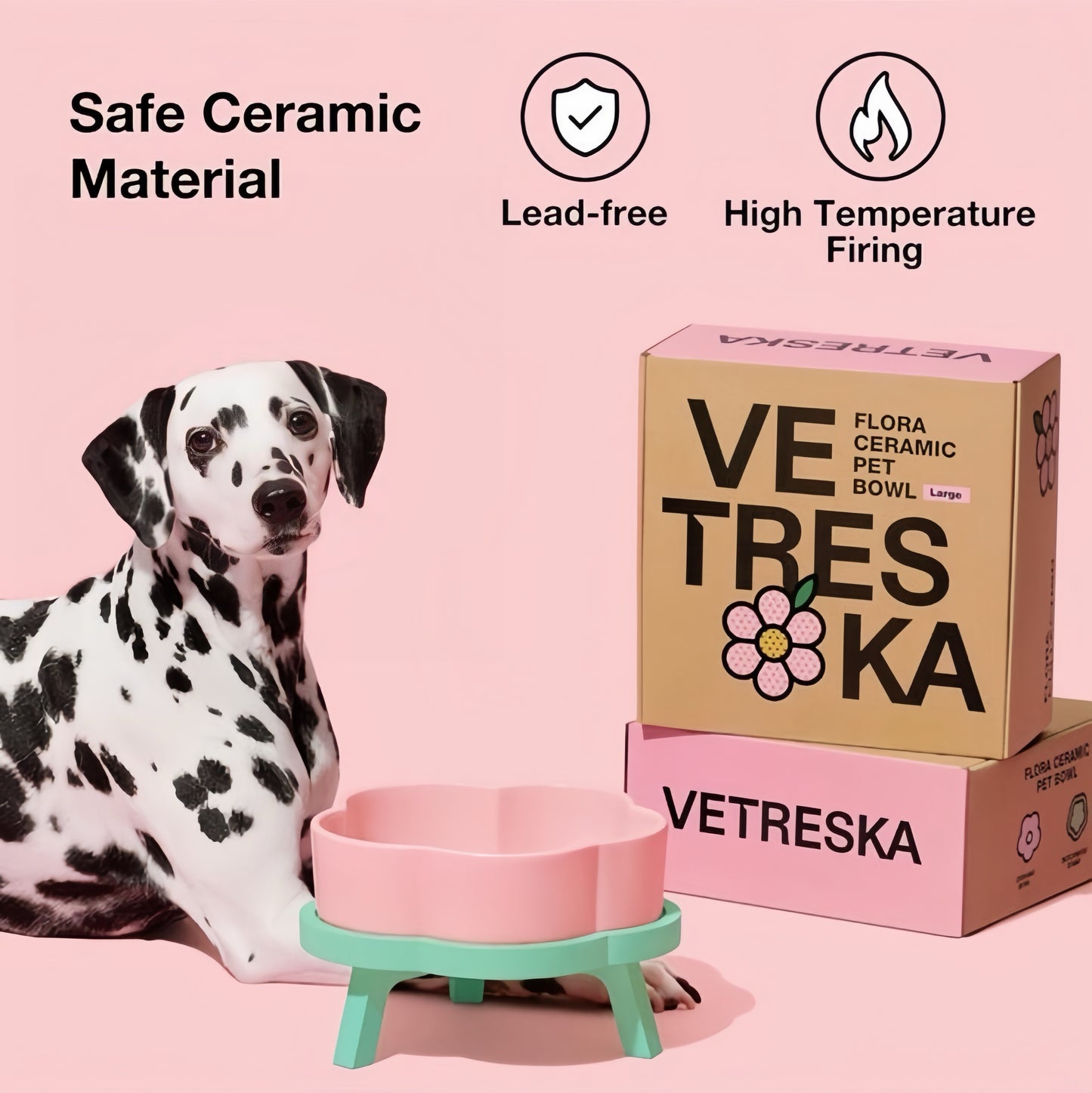 VETRESKA Ceramic Raised Pet Bowl Elevated Pet Food Water Bowl Stand Pink Pet Feeding Dish