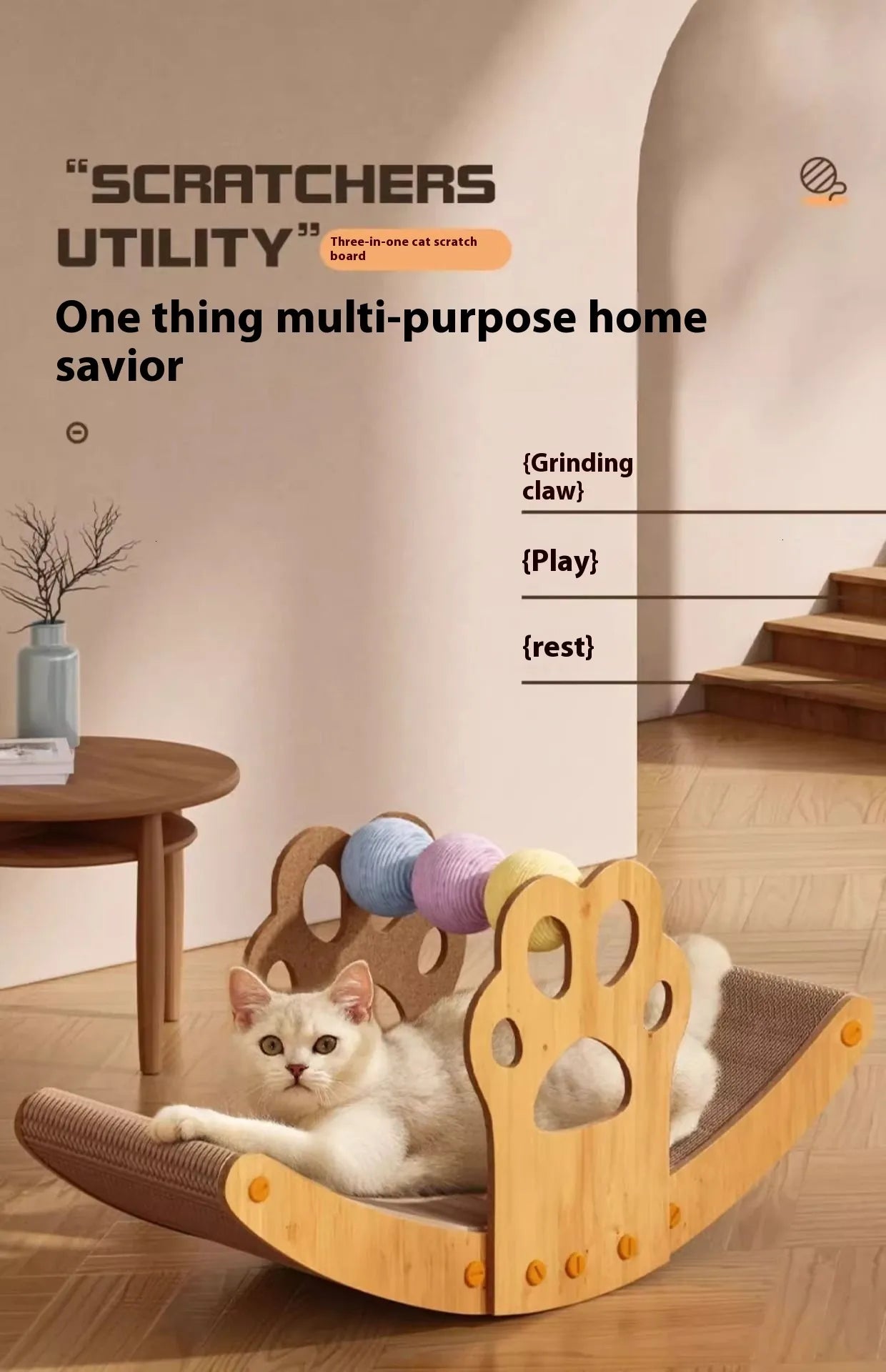 Boat Shaped Cat Scratcher, Multifunctional Rest Scratch Board for Cats and Dogs, Sisal Furniture Protector with Ball Toy, Indoor Pets Lounge Pad