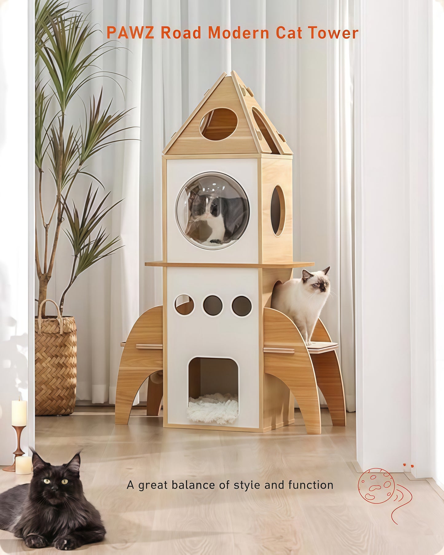 PAWZ Road Cat Tree Rocket, Wood Cat Tower Multilevel for Indoor Cats, Cat Furniture [54"=138 CM] with 3 Condos, Dangling Balls, Cosy Perch