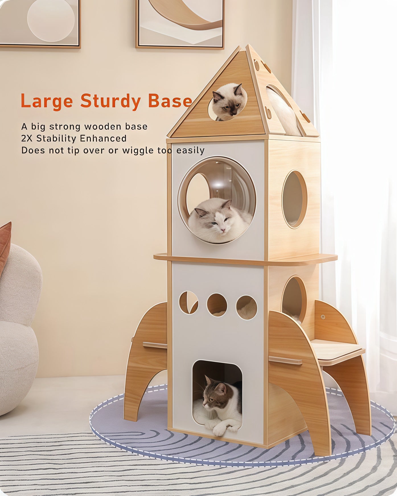 PAWZ Road Cat Tree Rocket, Wood Cat Tower Multilevel for Indoor Cats, Cat Furniture [54"=138 CM] with 3 Condos, Dangling Balls, Cosy Perch