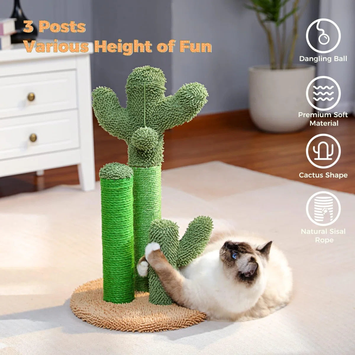 PAWZ Road Cat Scratching Post Cactus Cat Scratcher Featuring with 3 Scratching Posts and Dangling Ball