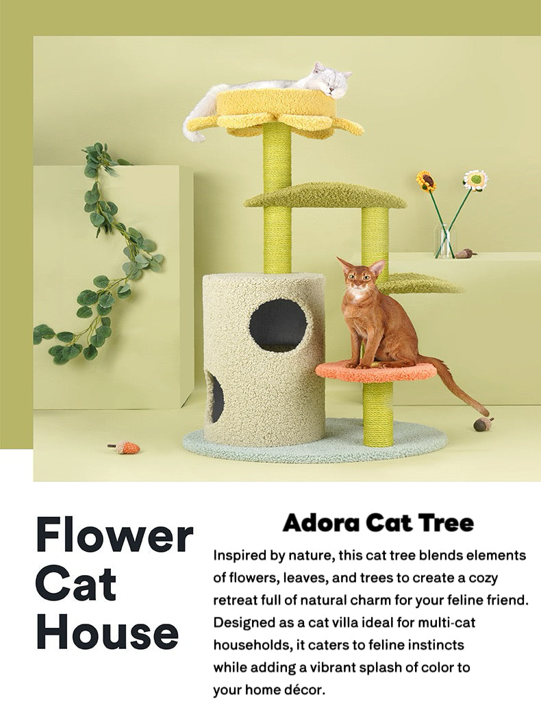 ZEZE Adora Cat Tre Play Colorful Cat Tree, Flower-Shaped Observation Deck, Multi-Level Cat Condo with Hammock and Scratching Posts for Cats Rest