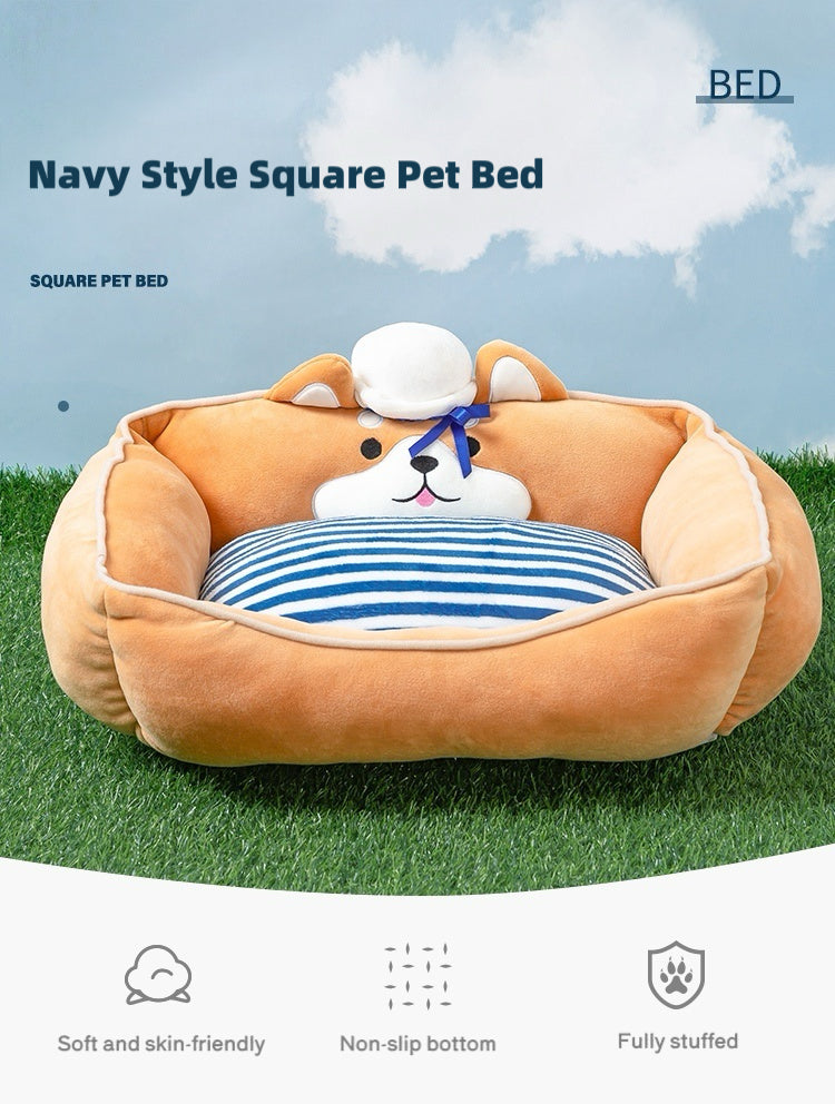 Navy Style Square Pet Bed