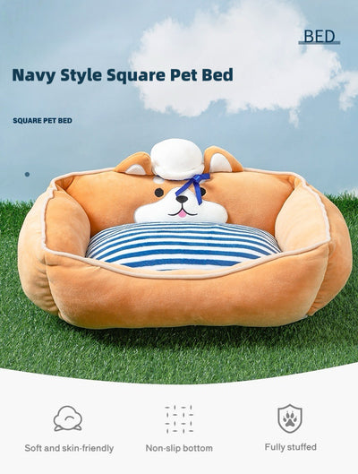 Navy Style Square Pet Bed