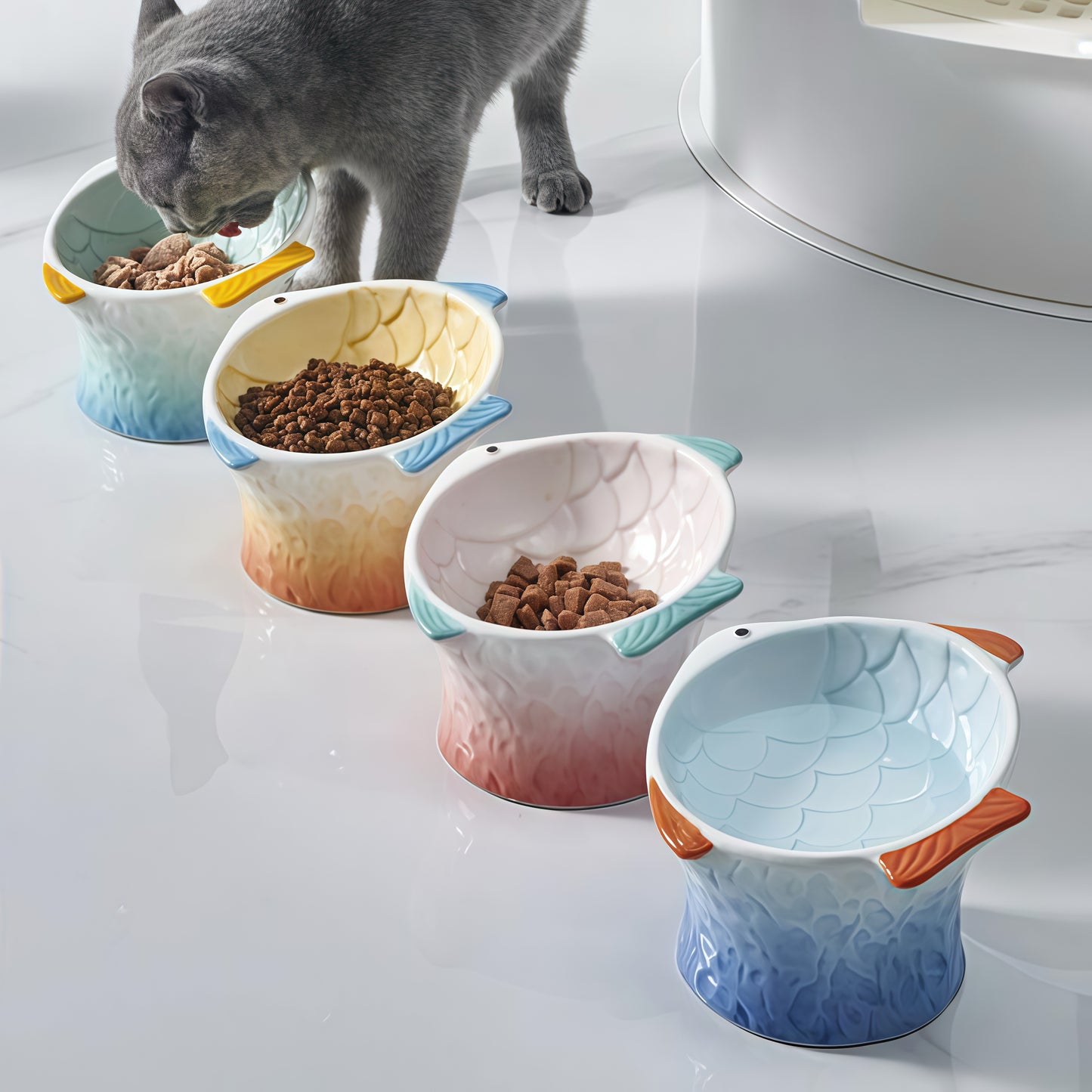 Raised Tilted Ceramic Cat Bowl - Cute Elevated Slanted Shallow Angled Cat Dish - Personalized Pet Feeder for Food Feeding - Ergonomic Anti Vomiting Whisker Fatigue - Size for Cat and Small Dog