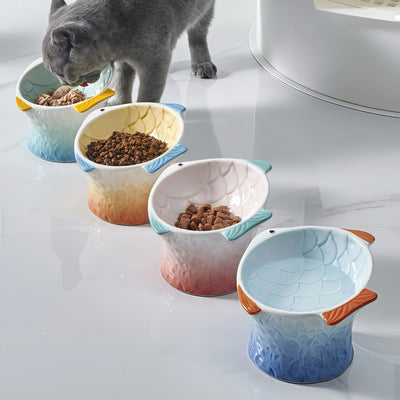 Raised Tilted Ceramic Cat Bowl - Cute Elevated Slanted Shallow Angled Cat Dish - Personalized Pet Feeder for Food Feeding - Ergonomic Anti Vomiting Whisker Fatigue - Size for Cat and Small Dog