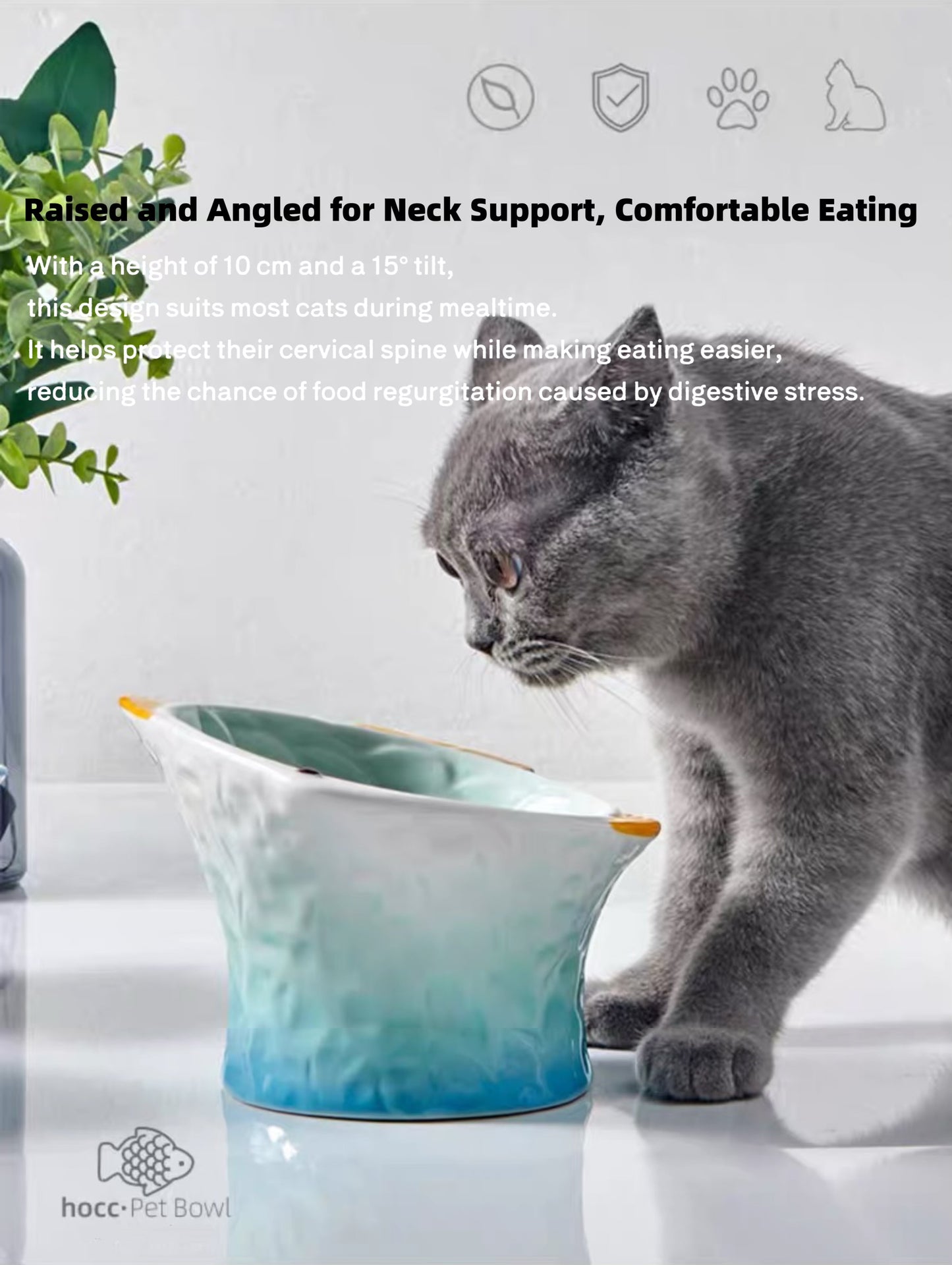 Raised Tilted Ceramic Cat Bowl - Cute Elevated Slanted Shallow Angled Cat Dish - Personalized Pet Feeder for Food Feeding - Ergonomic Anti Vomiting Whisker Fatigue - Size for Cat and Small Dog