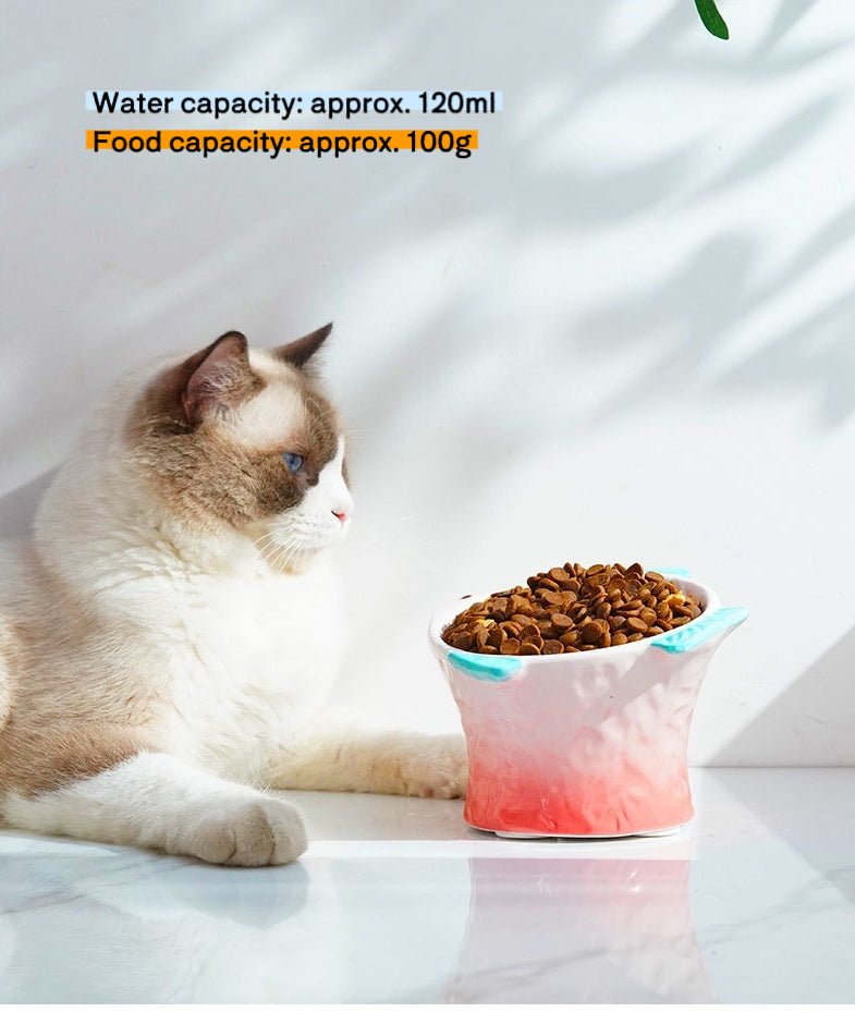 Raised Tilted Ceramic Cat Bowl - Cute Elevated Slanted Shallow Angled Cat Dish - Personalized Pet Feeder for Food Feeding - Ergonomic Anti Vomiting Whisker Fatigue - Size for Cat and Small Dog
