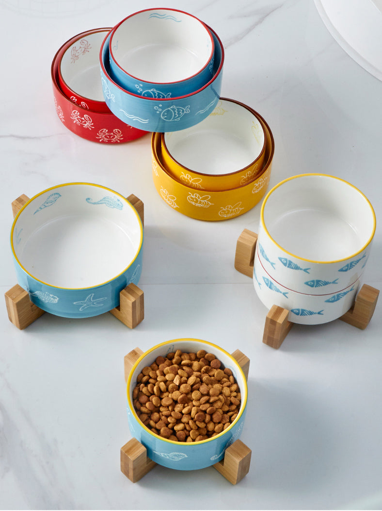 Color-Glazed Ceramic Bowl with Bamboo Stand